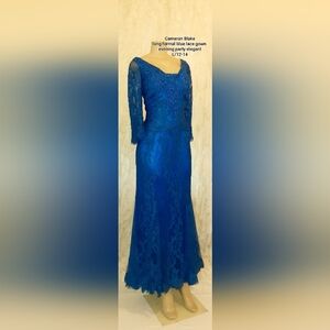 Cameron Blake Long Blue Lace Formal Evening Party Gown